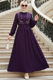 Resim N.S NEVA STYLE Desen Detaylı Mor Tesettür Elbise 10304MOR 