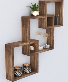 Resim Genel Markalar Natural Wood Work Ahşap Dekoratif Iç Içe Geçen 3 Lü Kare Duvar Rafı, Kare Masif Kitaplık, Banyo Rafı 