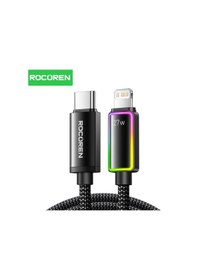 Resim Rocoren 27w Type-c To Lightning Rgb Aydınlatmalı Örgülü Şarj Ve Data Kablosu 1 Metre 