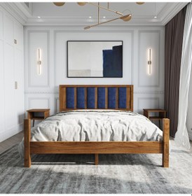 Resim Orion Model Lacivert Renk Puflu Başlıklı Ceviz Renk Çam Ahşap Karyola Ve İki Komodin Set-230 140 x 190 