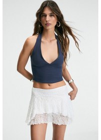 Resim Grimelange MORIENNE Kadın Halter Yaka Kalın Askılı Sırtı Açık Crop Lacivert Bluz 