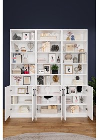 Resim Asra Trend K-50 %100 MDF 180 cm 3 Modüllü Kapaklı Kitaplık Raflı Kütüphane Beyaz 