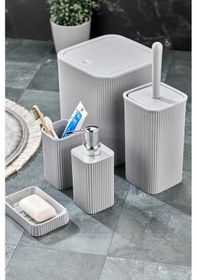 Resim Line 5 Parça Kare Banyo Seti - Çöp Kovası Wc Fırçası Sıvı-katı Sabunluk Diş Fırçası Gri 