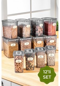 Resim Vienev Strip Etiketli Mega Boy Erzak Saklama Kabı Seti Antrasit 4x 1.25 L + 2 L + 3.5 L 12'li 