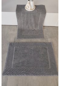 Resim 2'li Diyagonal Çizgili Ayak Havlusu Seti - %100 Pamuk Havlu Takımı - 50x70 Cm Antrasıt Antrasit 