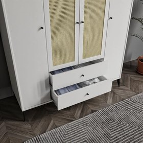 Resim Merlin Mobilya DİAMOND 4 Kapaklı 2 Çekmeceli Çift Hazeranlı Beyaz Dolap 