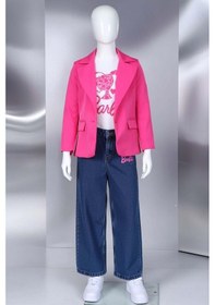 Resim Riccotarz Kız Çocuk Bebek Ve Yazı Detaylı T-shirt Kurdela Düğme Detaylı Blazer Ceket Alt Üst Takım Pembe 