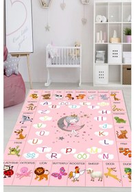 Resim Dijital Baskılı Dekoratif Kaymaz Taban Yıkanabilir Alfabe Temalı Modern Çocuk Halısı Pembe 