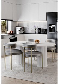 Resim Avvio Eliza Beyaz Ptt Ayak 80x140 Yemek Masası Mutfak Masası Masa Sandalye Takımı Kadife Kumaş Beyaz 