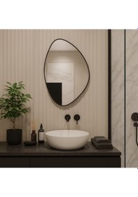 Resim 30x44 Cm Modern Asimetrik Dekoratif Ayna Organik Tasarım Siyah Çerçeveli Banyo Ve Salon Duvar Aynası Siyah 