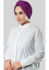 Resim Hürrem Bone Şarabi Çapraz Büzgülü Piliseli Tesettür Bone Fukuro Kendinden Desenli 2316 08 Mor 