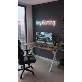 Resim Hey Modüler Mobilya 120 cm Gaming Profesyonel Oyuncu Masası Ceviz Tabla, Beyaz Metal Ayaklı Hey Gaming 