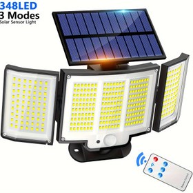 Resim 1 adet/2 adet Güneş Enerjili Dış Mekan Işığı, 348 LED'li Güvenlik Işığı Uzaktan Kumandalı, Üç Başlıklı Hareket Sensörlü Işık, Su Geçirmez, 270° Geniş Açılı Sel Duvar Işığı, 3 Modlu Aydınlatma, Bahçe, Veranda, Garaj, Ön Kapı, Havuz, Çit için Duvar Lambası 