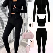 Resim Kadın Slim-Fit Düz Renk Fermuarlı Ceket & Pantolon Takımı - Eşofmanlı Üst, Yüksek Belli Tayt ve Spor Ayakkabılarla Günlük Kullanıma Uygun, Her Mevsim Giyilebilir Kombin | Fermuarlı Ceket | Pürüzsüz Doku 