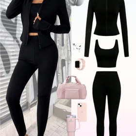 Resim Kadın Slim-Fit Düz Renk Fermuarlı Ceket & Pantolon Takımı - Eşofmanlı Üst, Yüksek Belli Tayt ve Spor Ayakkabılarla Günlük Kullanıma Uygun, Her Mevsim Giyilebilir Kombin | Fermuarlı Ceket | Pürüzsüz Doku 