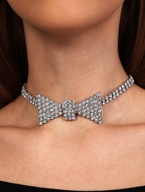 Resim Furtek Aksesuar Kadın Papyon Model Zirkon Taşlı Gümüş Pırlanta Abiye Gerdanlık Tasma Kolye Nişan Düğün Söz Choker 
