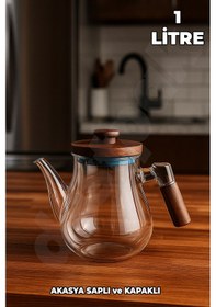 Resim Akasya Kapaklı Ve Saplı Yuvarlak Cam Demlik - Isıya Dayanıklı - Cam Demlikli - Akasya Kapaklı Cam 