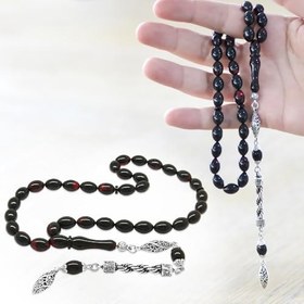 Resim (Tesbihane) Kararmaz Metal Halat Püsküllü Arpa Kesim Kırmızı-Siyah Ateş Kehribar Tesbih 