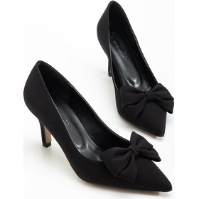 Resim Büyük Beden Kadın Stiletto İnce Topuklu Ayakkabı Siyah Saten Fiyonklu-4295 Siyah 
