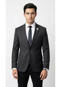 Resim Plus Scorpion Erkek Blazer Ceket Twill Dokuma Likralı Notch Yaka 1 Düğmeli Çift Yırtmaçlı Slim Fit Siyah 