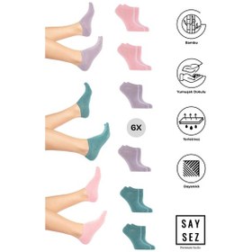 Resim Saysez Bambu Kadın Sneaker Pembe-lila-suyeşil Çorap Dikişsiz Görünmez Bilekte Spor Çorap Premium 6'lı Paket Renkli 