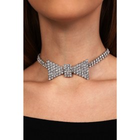 Resim Furtek Aksesuar Kadın Papyon Model Zirkon Taşlı Gümüş Pırlanta Abiye Gerdanlık Tasma Kolye Nişan Düğün Söz Choker 