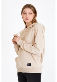Resim Metalic Kadın Bej Kapüşonlu Basic Örme Sweatshirt Bej 