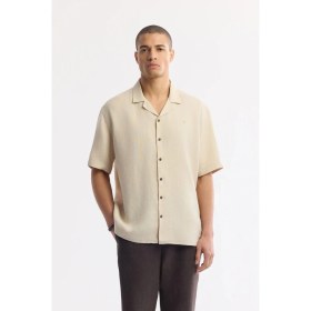 Resim AVVA Erkek Bej Apaj Yaka %100 Keten Kısa Kol Oversize Fit Gömlek A51Y2209 