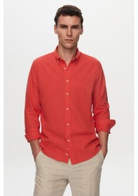 Resim Ds Damat Slim Fit Nar Çiçeği Düğmeli Yaka %100 Pamuk Yazlık Flamlı Keten Görünümlü Gömlek 6HC02ORT63265 Narçiçeği 
