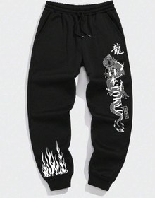 Resim Letter & Fire Print Drawstring Waist Eşofman Altı Siyah 