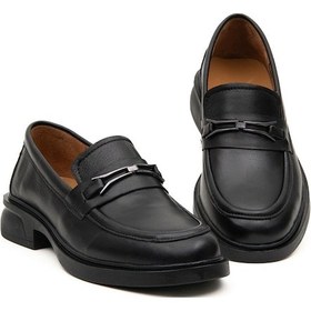 Resim Tokalı Kadın Günlük Rahat Loafer Ayakkabı Hakiki Yumuşak Deri Siyah 