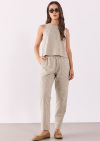 Resim Kadın Beli Lastikli Çizgili Keten Pantolon - Haki Çizgili - HAKİ ÇİZGİLİ / S / 27 