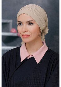 Resim Hürrem Bone Bej Pratik Hazır Geçmeli Tesettür Bone Sandy Kumaş Pileli Nervürl Bej 