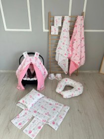 Resim % 100 Pamuk 11 Parça Çift Taraflı Muslin Set Şeker Desen Müslin Pembe Pike 