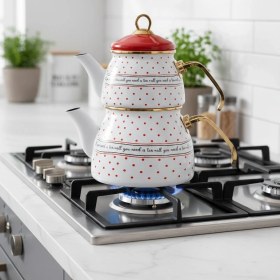 Resim Kırmızı Beyaz Renk Gold Detaylı Puantiyeli Emaye Çaydanlık Takımı 2 Lt +1 Lt. Beyaz - Kırmızı 