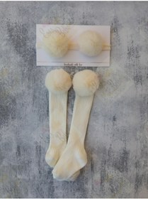 Resim ESES BEBE Kız Bebek Krem Ponponlu Çorap Bandana Set 