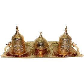 Resim 2li Osmanlı Motifli Kubbeli Kahve Fincan Takımı - Gold - Bakır Kahve Fincanı Tepsi Lokumluk Seti 
