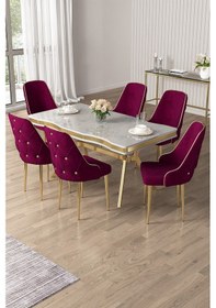 Resim Canisa Vae Serisi 90x160 Lak Panel Beyaz Mermer Desen Gold Ayak Masa Takımı 6 Mürdüm Sandalye Beyaz Mermer Desen Masa Sandalyeler Mürdüm 