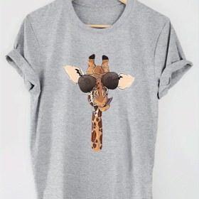 Resim Zürafa Baskı T-shirt, Kısa Kollu Bisiklet Yaka Yaz Ve İlkbahar İçin Rahat Üst, Kadın Giyim 