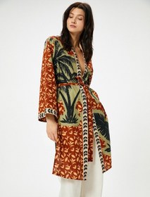 Resim Koton Uzun Kimono Beli Kuşaklı Desenli Kahverengi Desenli 4sak50017ew Kahverengi 
