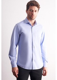 Resim İmza Mavi Yarım İtalyan Yaka Uzun Kol Premium Slim Fit %100 Pamuk Gömlek 1004255194 Mavi 
