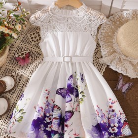 Resim Çekici Kızlar İlkbahar/Yaz Elbisesi Beyaz Dantel Detaylı, Çiçek & Kelebek Desenli - Tatlı & Sevimli Günlük Tarz, Kemer Dahil - Polyester, Orta Uzunlukta, Kolsuz, Sevimli Elbiseler 