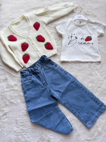 Resim Triko Hırkalı 3 Lü Takım Kırmızı Çilekli Ekru 