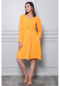 Resim Busa Hamile Önden Düğmeli Ve Bağcıklı Uzun Kollu Viskon Elbise Mango 