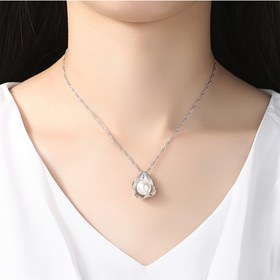 Resim Zarif Paslanmaz Çelik Dalgalı Zincir Kolye, Taklit İnci Nilüfer Yaprağı Pandantifli, Gümüş Kaplama Basit Stil Takı, Kadınlar İçin, Günlük ve Parti Giyim İçin 