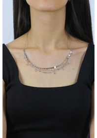 Resim Taşlı ve Pullu Üçlü Tasarım Rodyumlu Gümüş Kolye 7278 509901214 