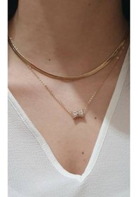 Resim Ikili Italyan Zinciri Fiyonk Objeli Kolye Gold Mavi 