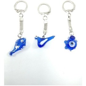 Resim Cam Nazar Boncuğu Anahtarlık Üçlü Set El Yapımı Kuş + Balık + Kap 