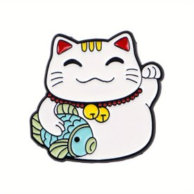 Resim 1 adet Lucky Cat Enamel Pin - Balık ve Boncuk Tasarımı ile Sevimli Beyaz Kedi, Canlı Renkler, Ceketler, Çantalar, Sırt Çantaları için Dayanıklı Metal Broş - Takı Hediyesi ve Aksesuar, Kedi Aksesuarları, Sırt Çantası Süslemesi, Eğlenceli Tasarım, İncelikli Detaylar 