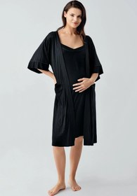 Resim Askılı Esnek Viskoz Hamile Sabahlık Gecelik Takım 17401 - Siyah / L 